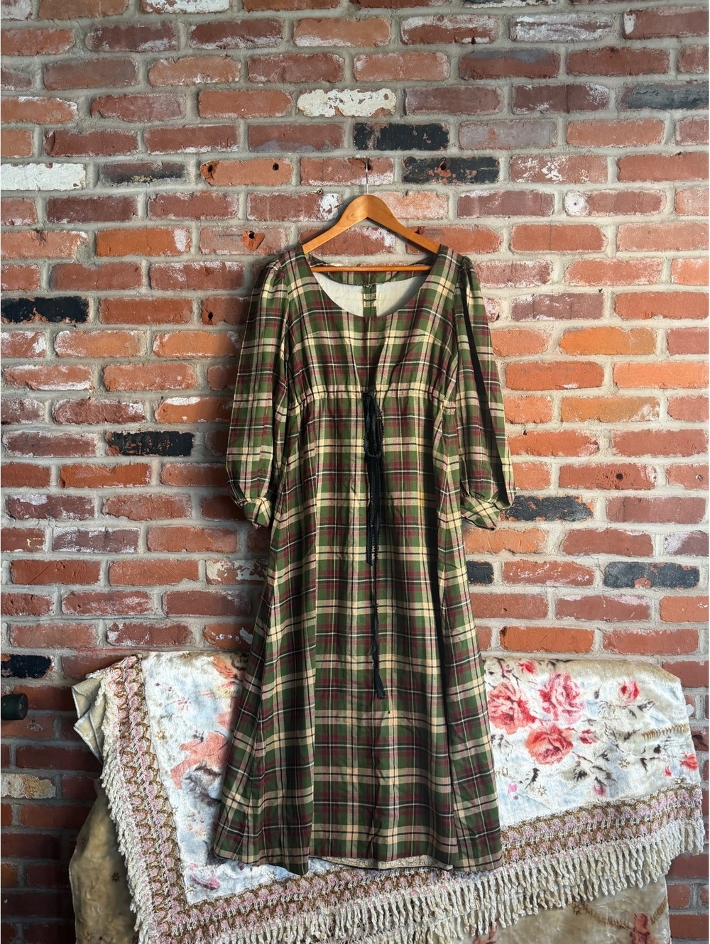Vintage Style Green Plaid Midi Dress with Black Tassel Tie